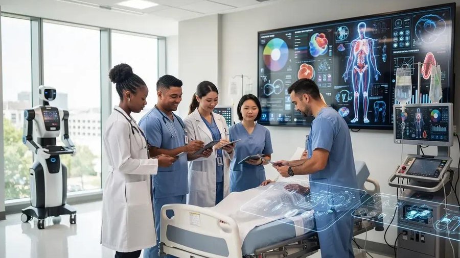 Clinicians reviewing AI-assisted digital dashboards at a patient bedside, with an assistive robot nearby