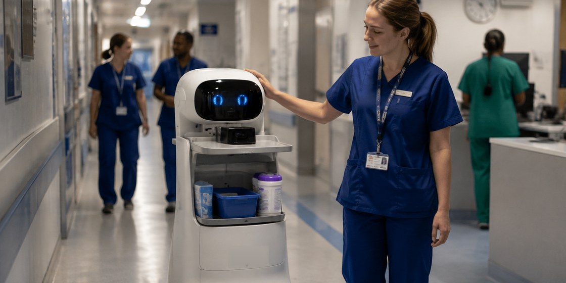 An illustrative scene of a nurse pausing beside an assistive hospital robot in a corridor, with colleagues in the background