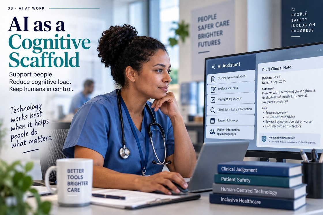 A clinician sits at a desk beside a screen showing an AI assistant drafting a clinical note, with a human-review-required prompt on screen