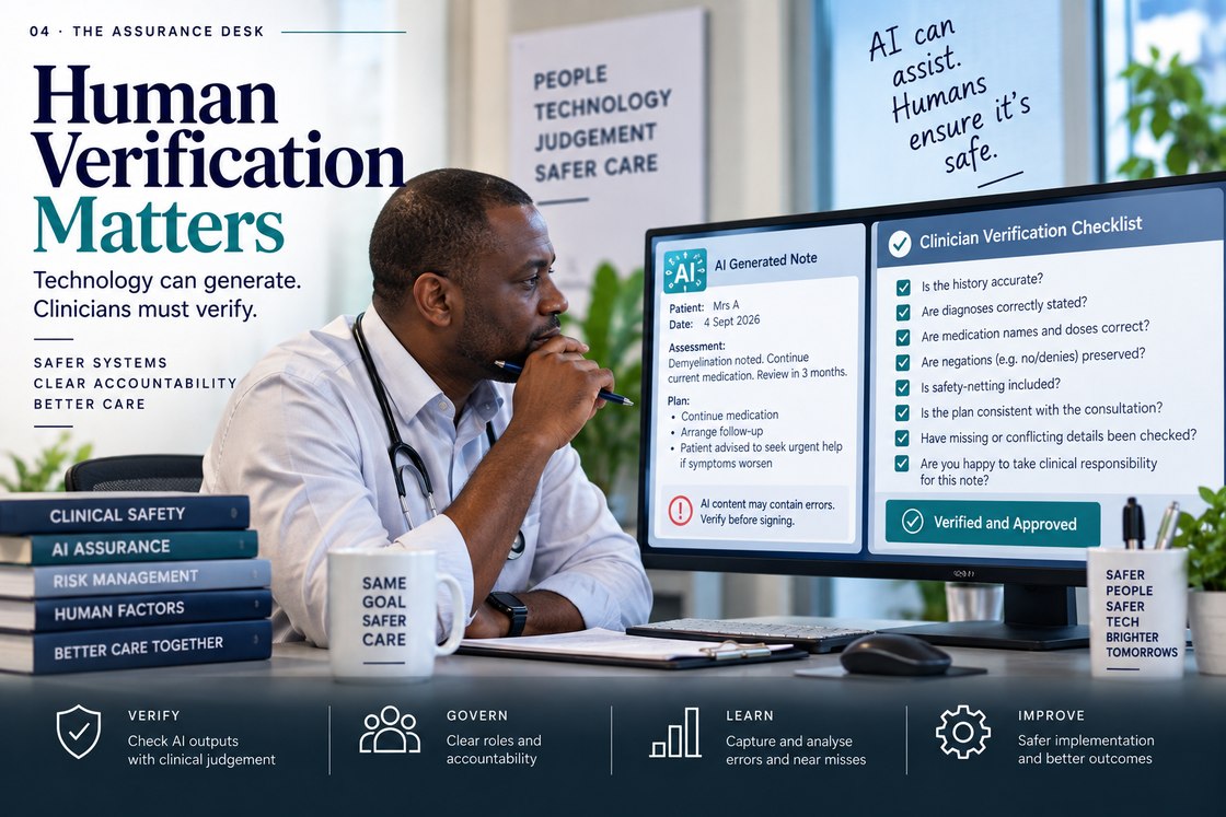 A clinician reviews an AI-generated note alongside a clinician verification checklist on screen