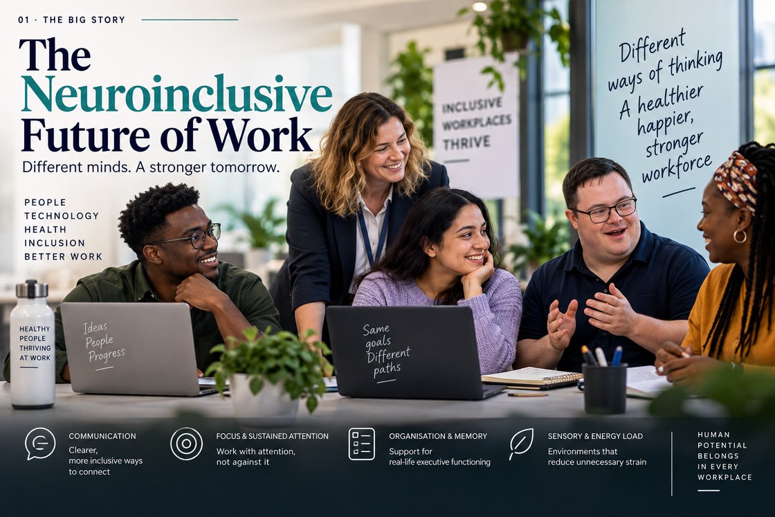 A diverse team collaborates around laptops in an inclusive workplace, with notes about different ways of thinking and a healthier, stronger workforce
