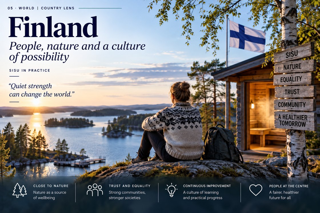 A woman sits overlooking the Finnish lakeland at sunset beside a traditional wooden sauna, with a Finnish flag flying