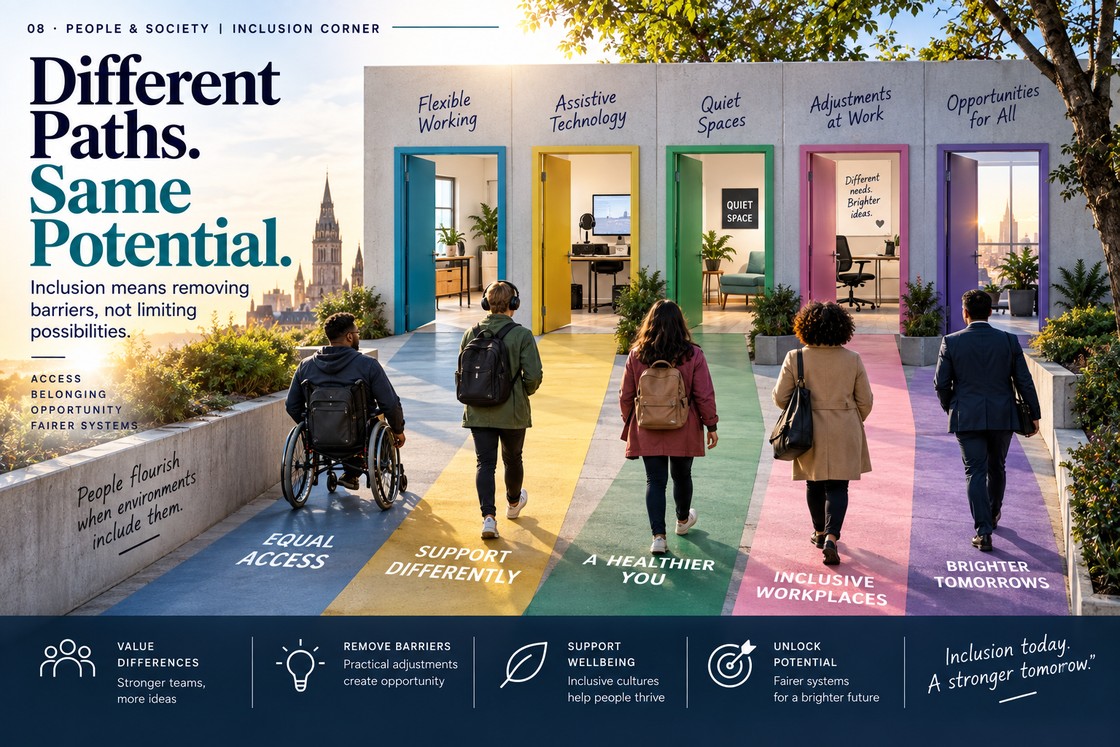 Five people walk along different coloured pathways towards open doorways labelled Flexible Working, Assistive Technology, Quiet Spaces, Adjustments at Work and Opportunities for All, under the words 'Different Paths. Same Potential.'