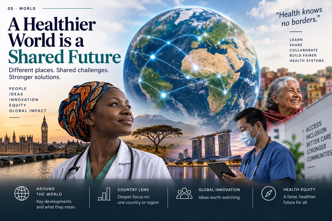 An editorial montage of a globe with connecting lines over world landmarks, representing global health, innovation, equity and collaboration